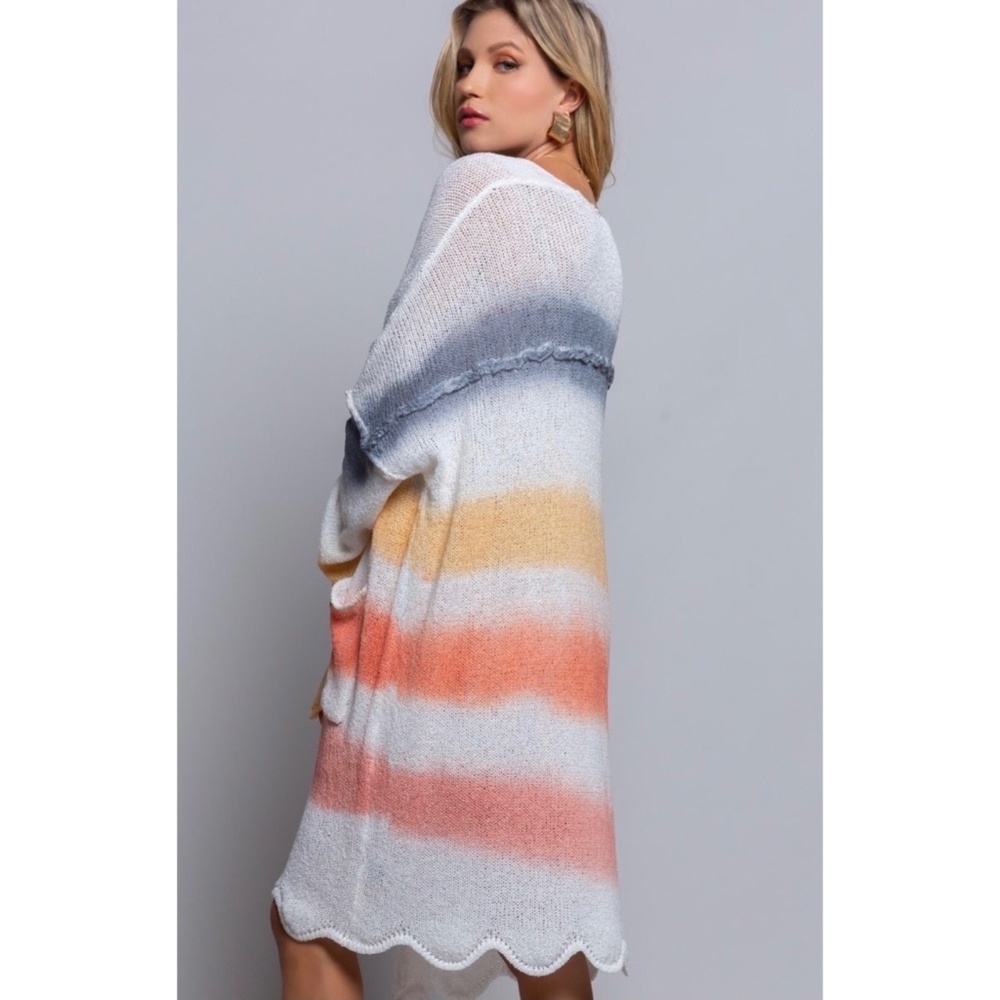 POL Off White Multi Stripe LightweightTransitional Knit Midi Cardigan - Picture 4 of 5